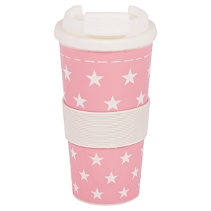 Rózsaszín műanyag bögre fehér tetővel (csillagmintás) (450 ml)